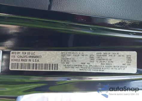 2021 Jeep Wrangler Unlimited Rubicon 4X4 z USA, uszkodzony, nr VIN 1C4HJXFG1MW649077